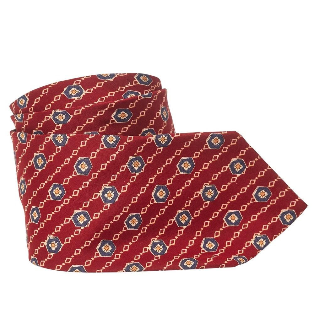 Chaps Ralph Lauren Vintage Men's Silk‎ Necktie USA Designer Red Beige Geometric